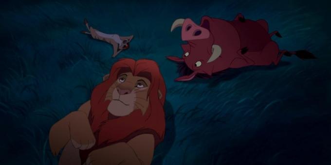 Cartoon "The Lion King": Simba, Timon ja Pumbaa all öötaevas ja mõelda, milline tärni