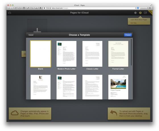 Malli valimine uus dokument Pages iCloud