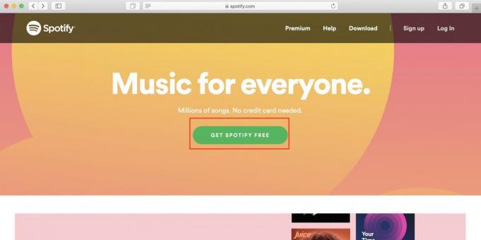 Kuidas kasutada Spotify Venemaa: avatud Spotify veebilehel ja klõpsake Saa Spotify tasuta nuppu