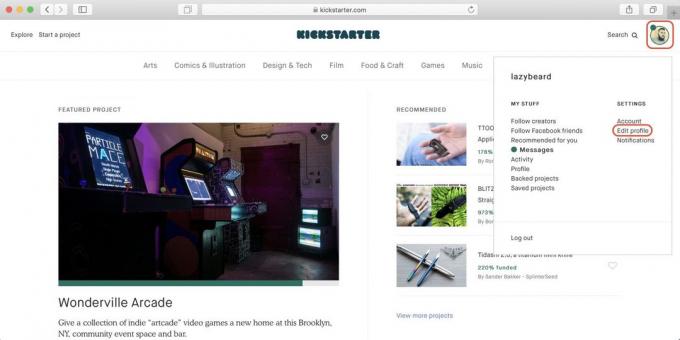 Kuidas osta Kickstarter: klõpsa profiili ikooni ja seejärel - Edit profiili link