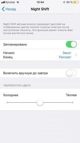 Värvus Temperatuur: öövahetuse seaded iOS