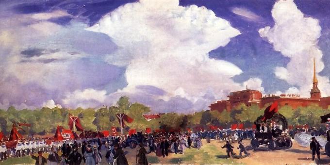 Talgupäeval olid meeleavaldused. B. M. Kustodiev, maipühade paraad. Petrograd. Marsi väli 