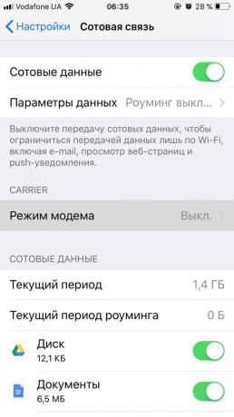 Kuidas levitada Interneti telefonist iOS: aktiveerida "modem mode" lüliti abil