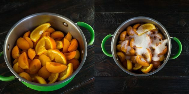 Aprikoosi- ja apelsinimoosi valmistamine: lisage puuviljadele suhkrut