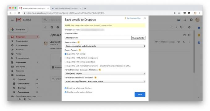 Võimalusi laadida faile Dropbox: kopeerida kogu kirja Save kirju Dropbox