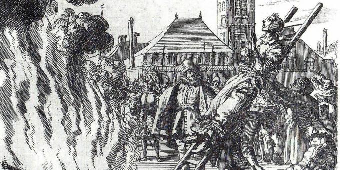 Inkvisitsioon keskajal: "Ketserluses süüdistatav 16. sajandi hollandi anabaptisti Anneken Hendrixi põletamine", Jan Leukeni graveering