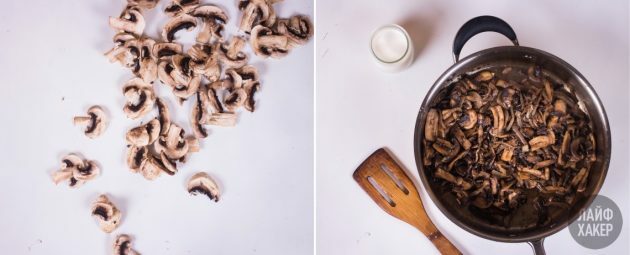 Pannkoogirull: hautage seeni, sibulat ja küüslauku