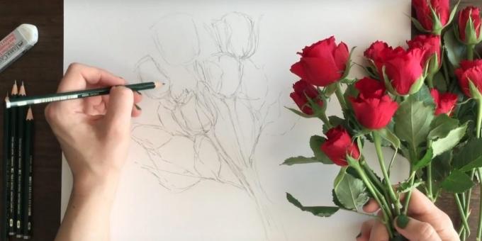 Paint kohta kroonlehed ja tupplehtede allosas kahe roosid. Vasakul pildil mõned lehed