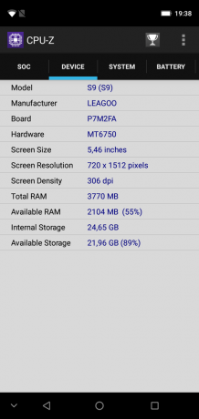 Ülevaade Leagoo S9: CPU-Z