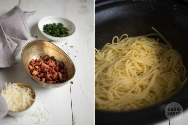 Kuidas teha carbonara pastat: hauta peekon ja keeda spagetid