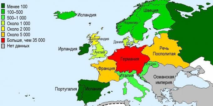 Tapetud nõidade arv Euroopa riikides 15. - 17. sajandil.